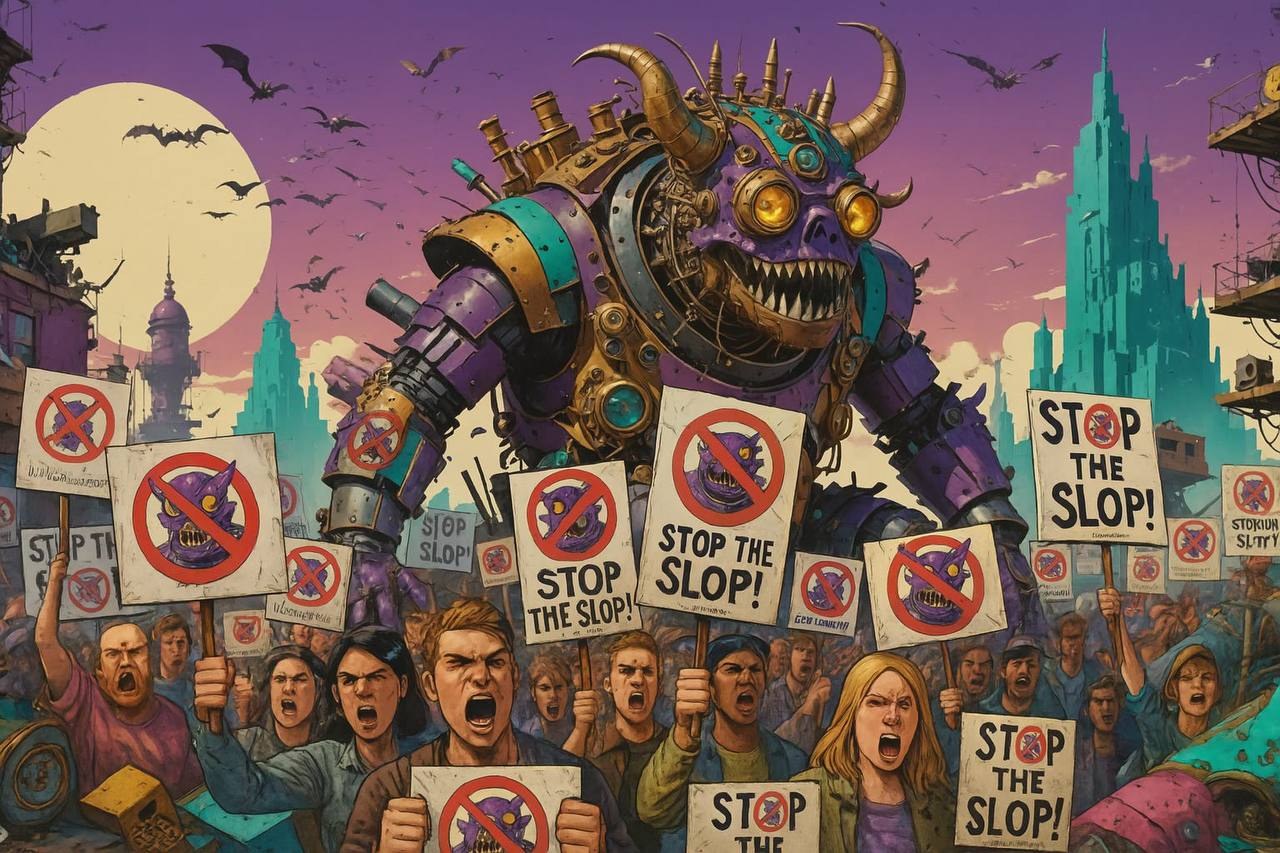 Illustration of a crowd protesting a giant AI slop monster